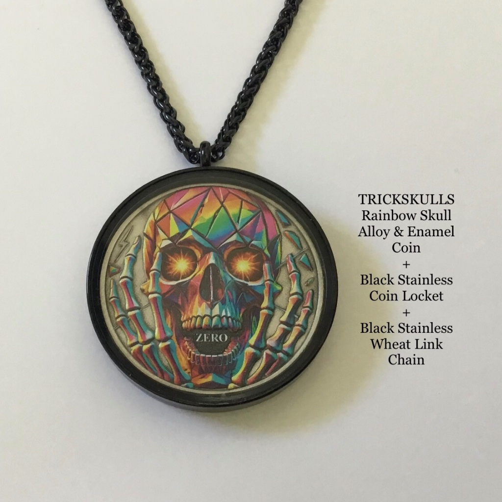 Colorful Skull Alloy & Enamel Coin + Black Stainless Glass Locket + Custom Chain